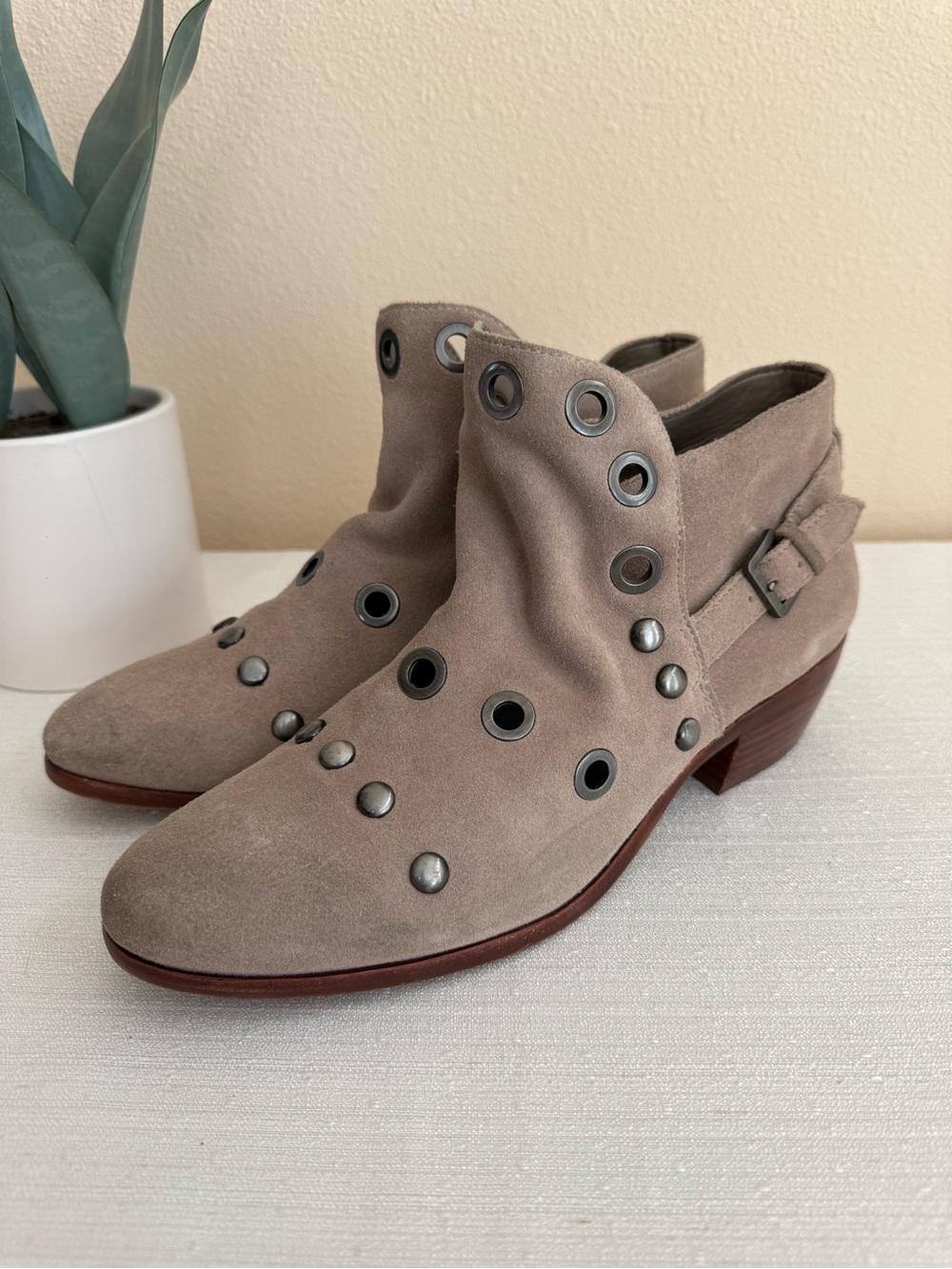 Sam Edelman Suede Ankle Booties with Studd Grommet Detail in Taupe - Picture 6 of 14